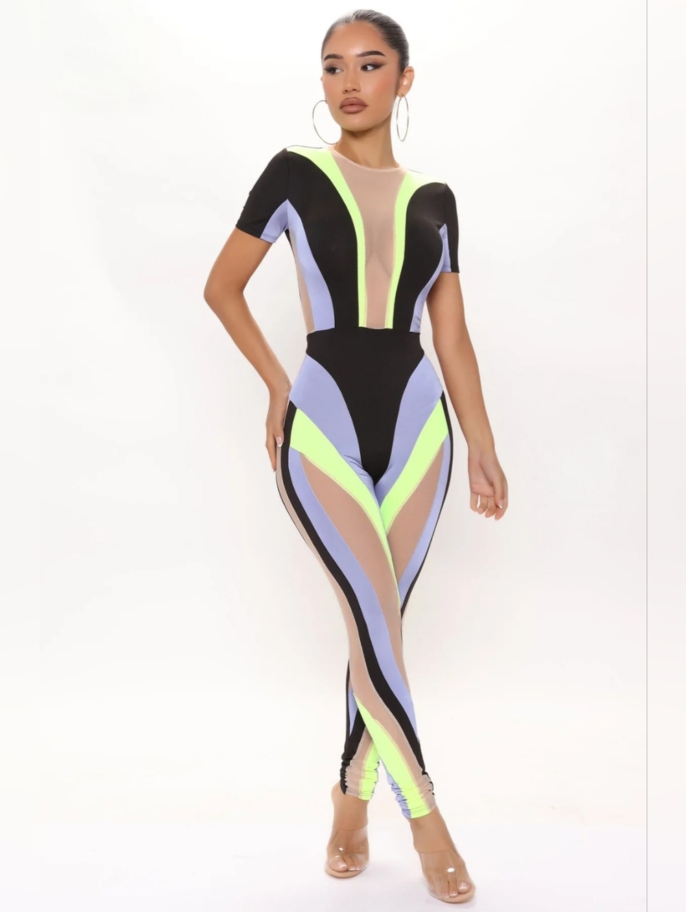 Fashion Nova Neon Stripe Mesh Jumpsuit - Black, Lime, Lavender, Nude